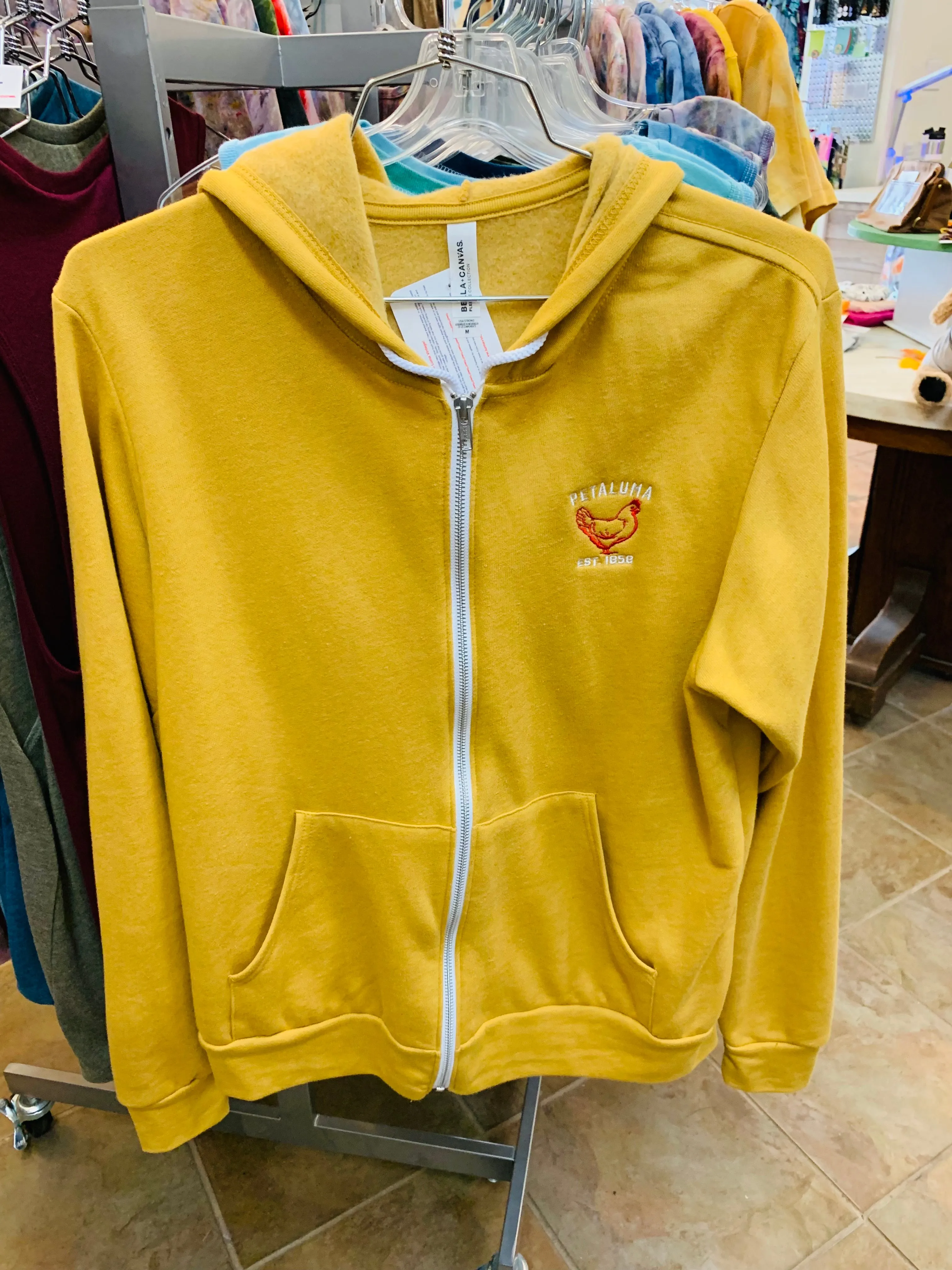 Mustard Zip Hoodie Embroidered Luma Vintage Petaluma Chicken Logo on the Front