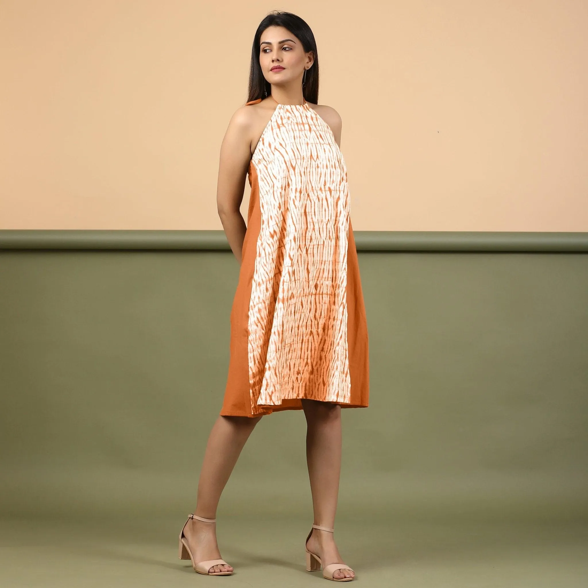 Orange Shibori Tie-Dye Cotton Knee Length Halter Neck Dress