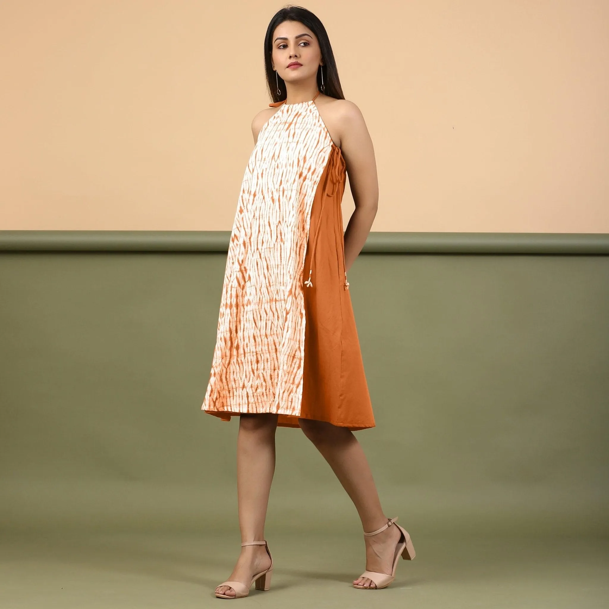 Orange Shibori Tie-Dye Cotton Knee Length Halter Neck Dress