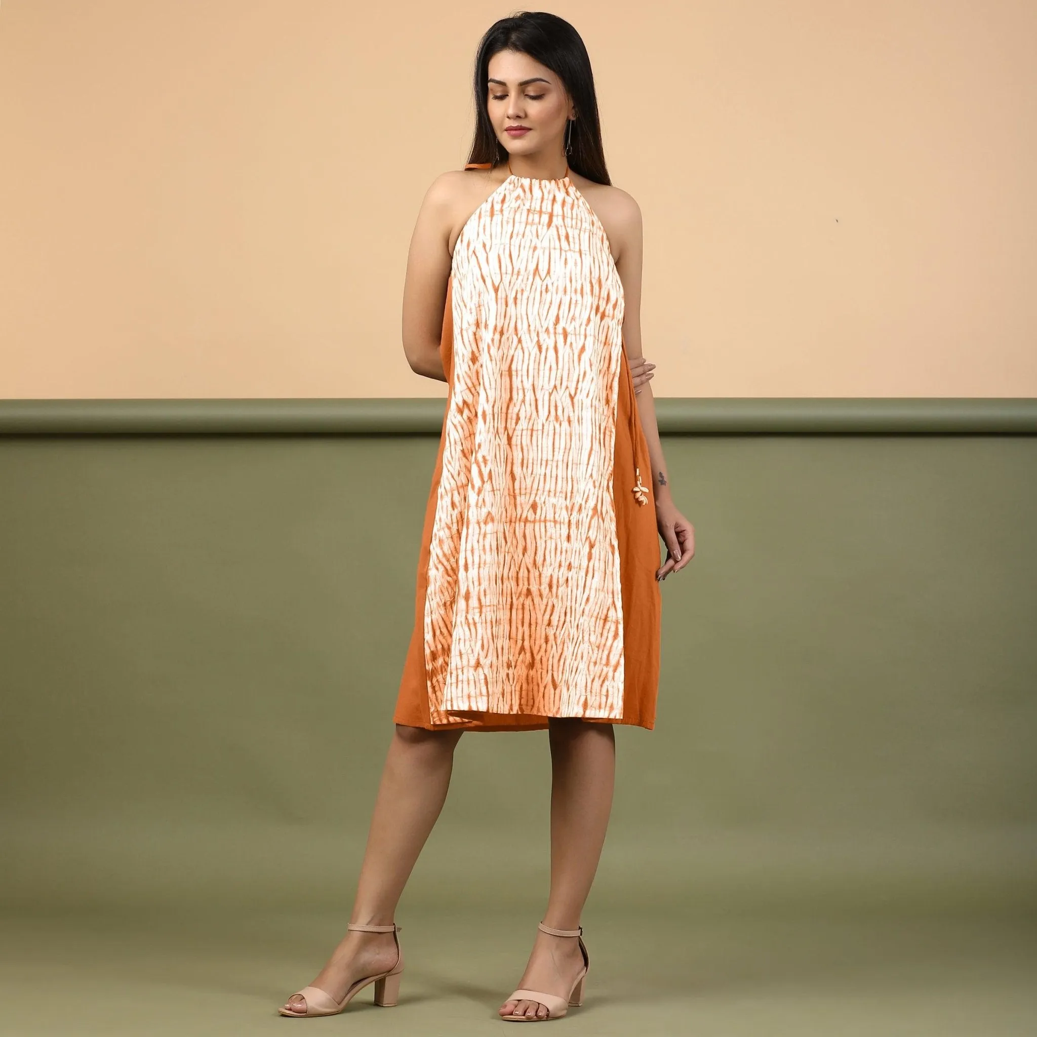 Orange Shibori Tie-Dye Cotton Knee Length Halter Neck Dress