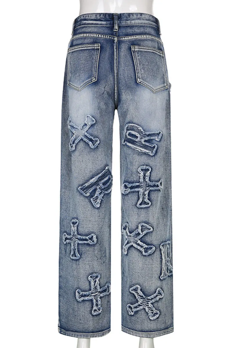 PE0053 Patches Denim Long Jeans