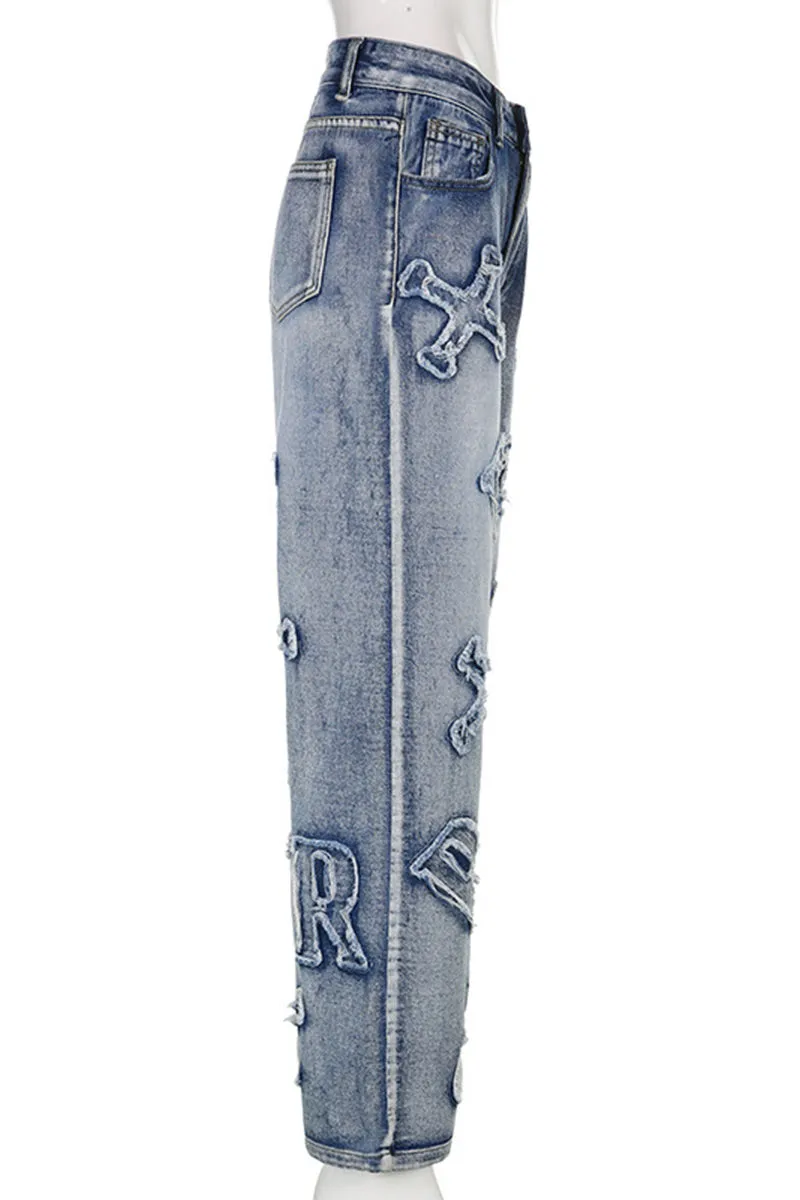 PE0053 Patches Denim Long Jeans