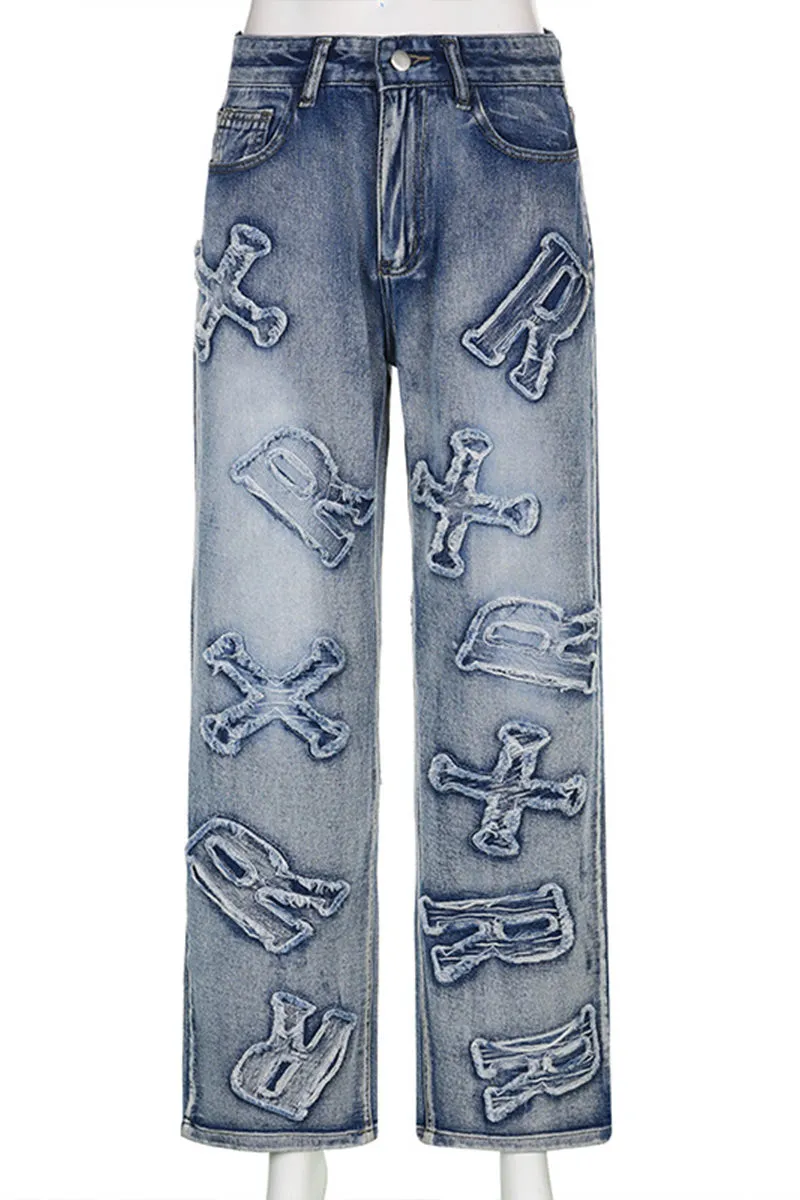 PE0053 Patches Denim Long Jeans