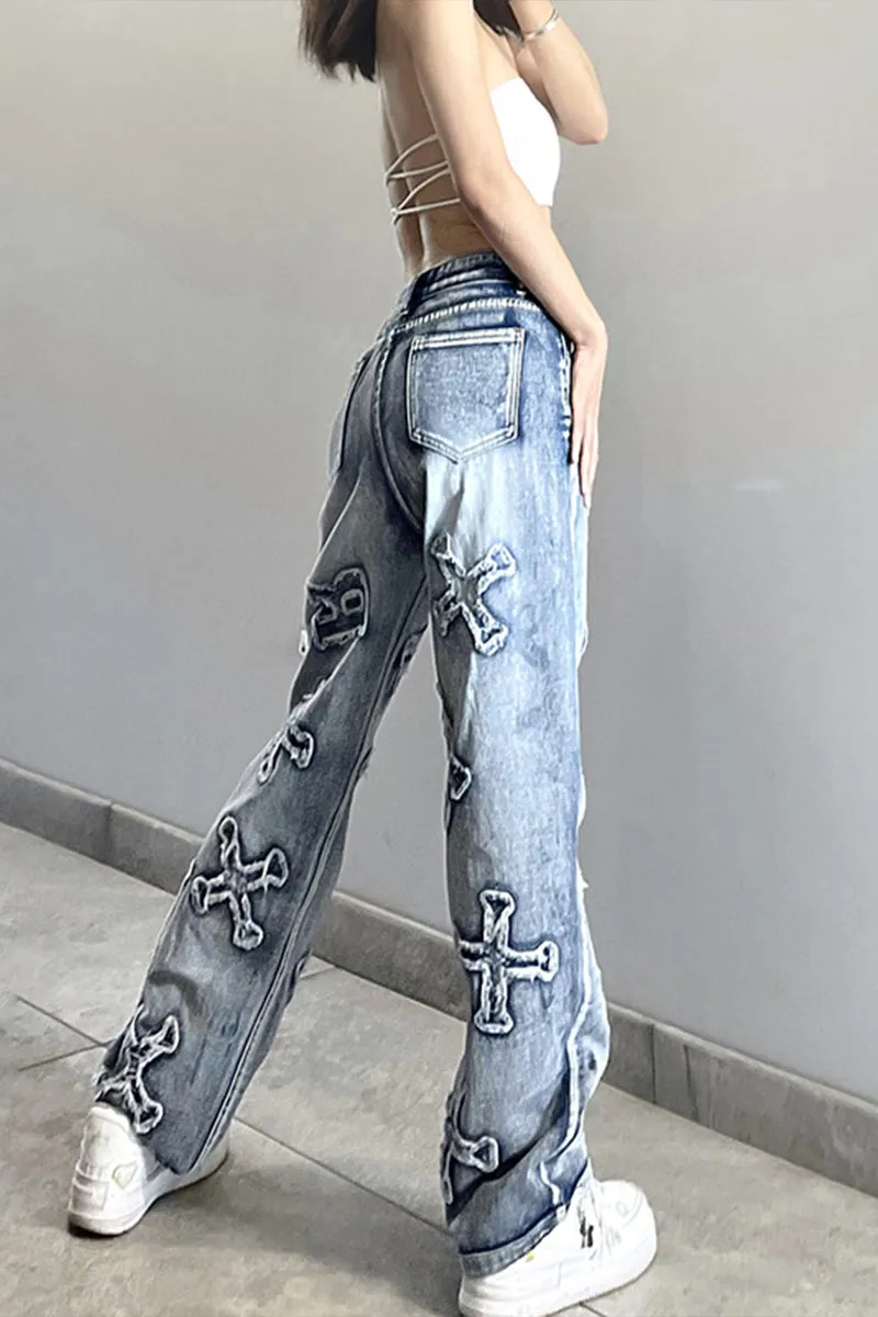 PE0053 Patches Denim Long Jeans