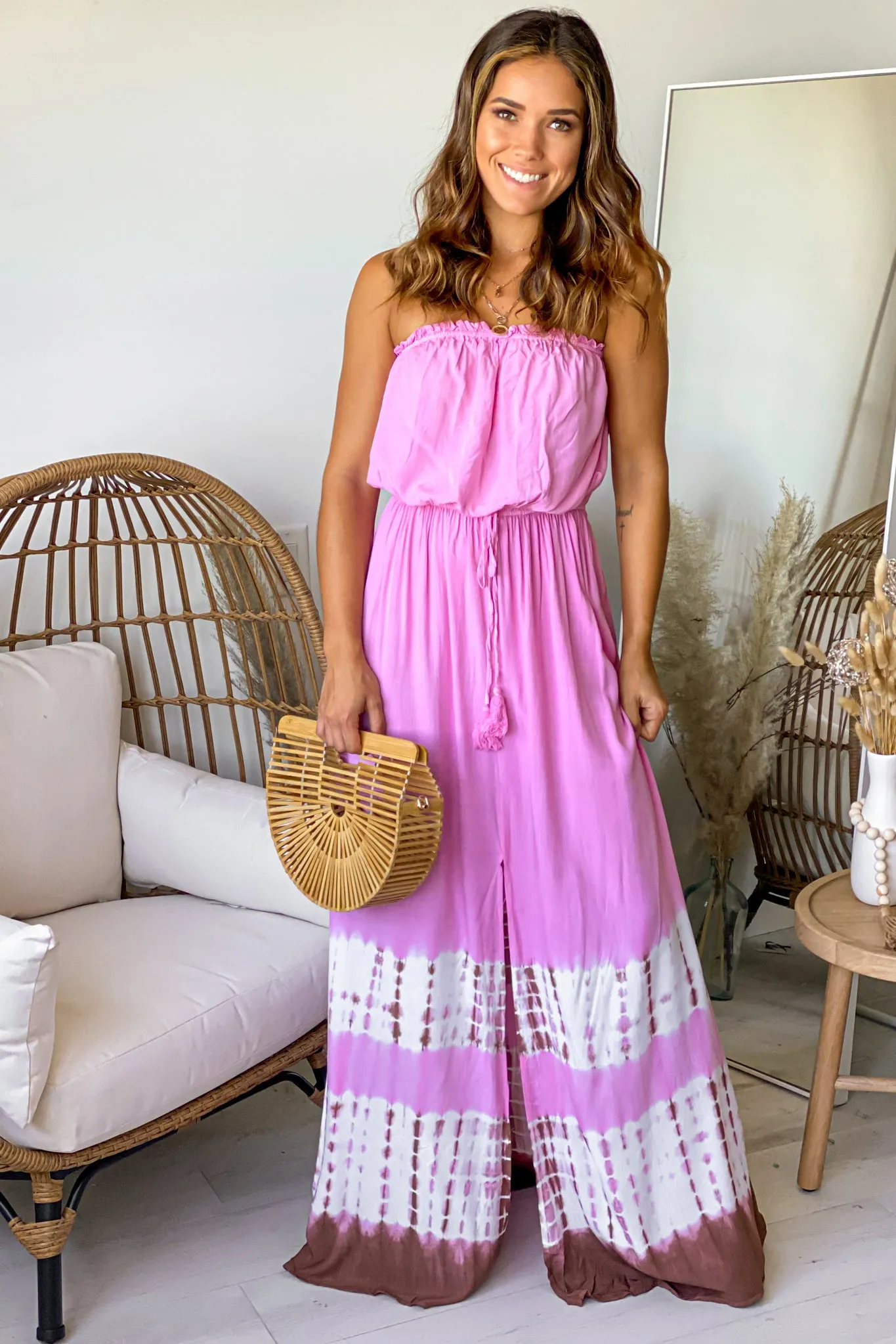 Pink Strapless Maxi Dress With Tie Dye Detail