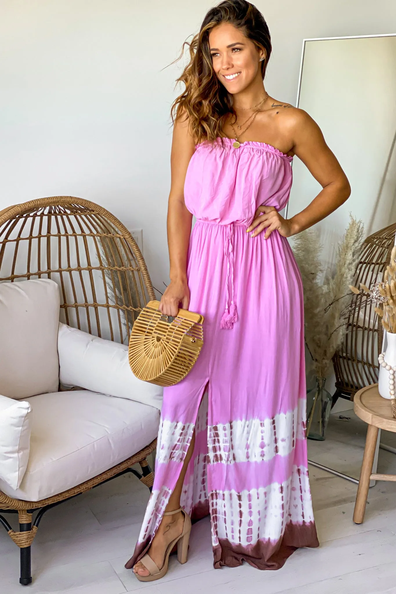 Pink Strapless Maxi Dress With Tie Dye Detail