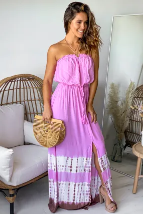 Pink Strapless Maxi Dress With Tie Dye Detail