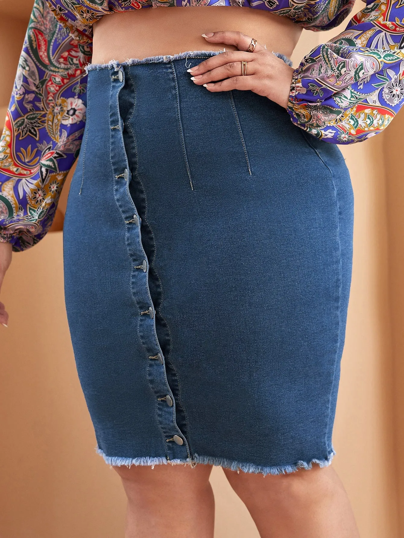 Plain Button Front High Waist Knee Length Plus Size Denim Skirt