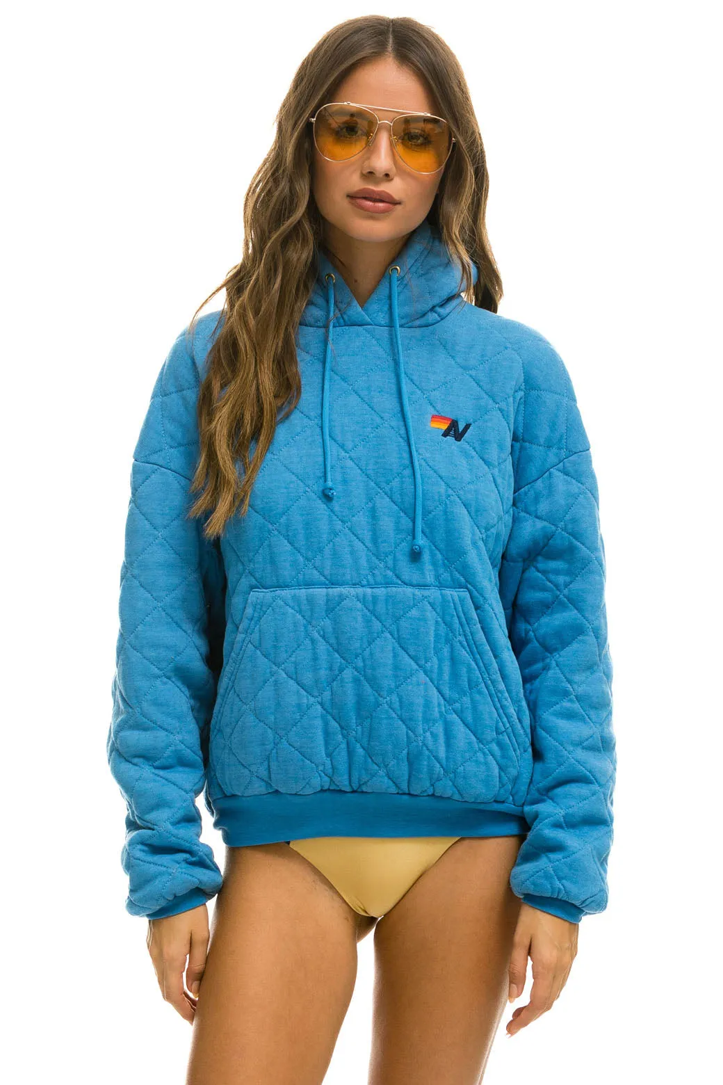 QUILTED RELAXED PULLOVER HOODIE - OCEAN