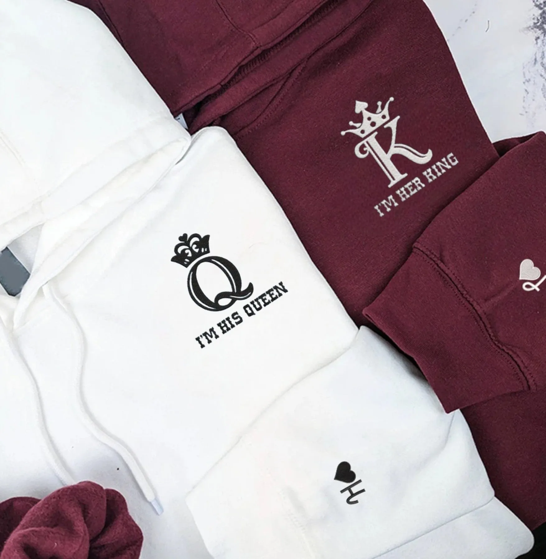 "His Queen & Her King" Couple Sweatshirts - Custom Embroidered Matching Hoodies For Couples