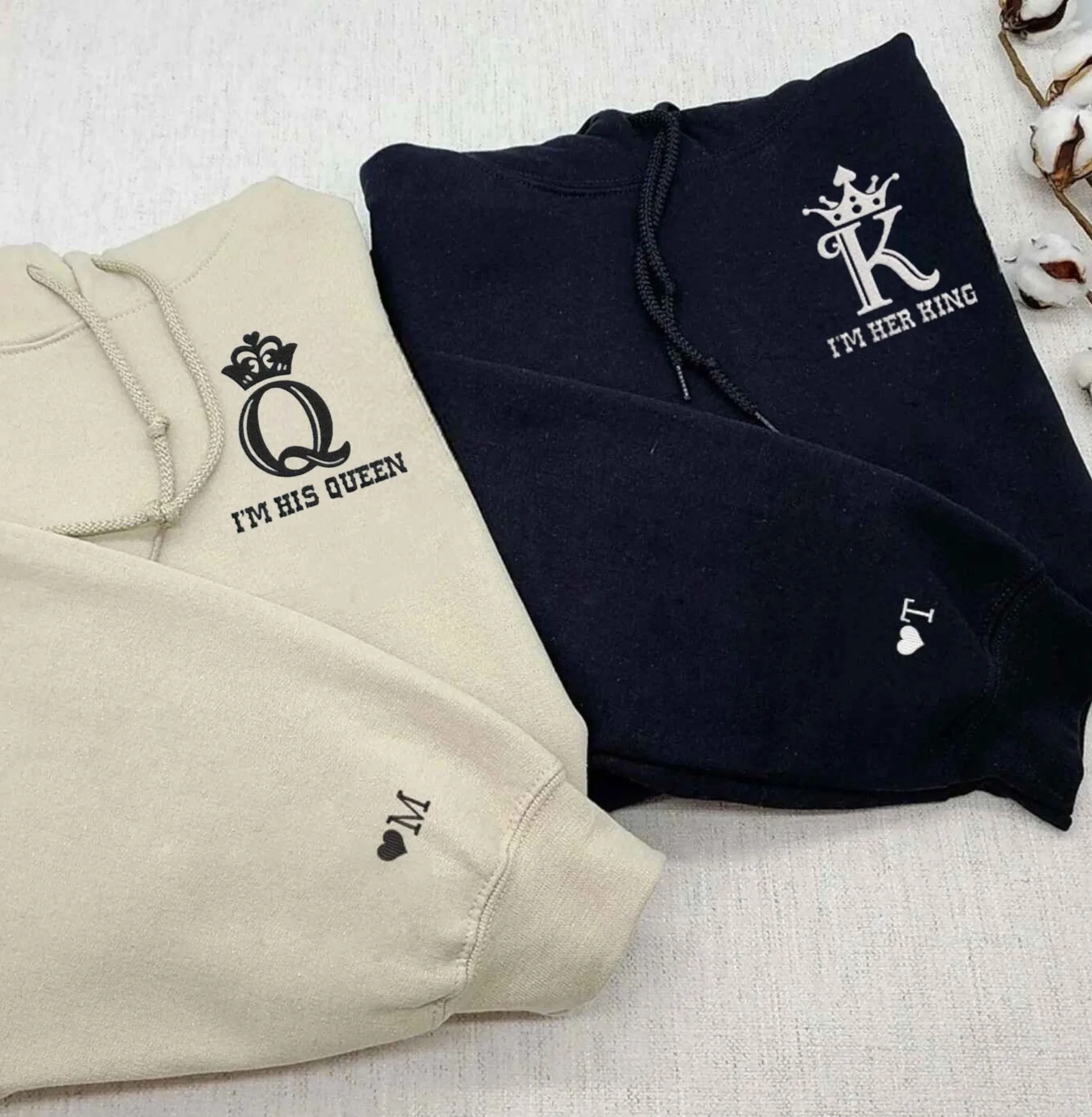 "His Queen & Her King" Couple Sweatshirts - Custom Embroidered Matching Hoodies For Couples