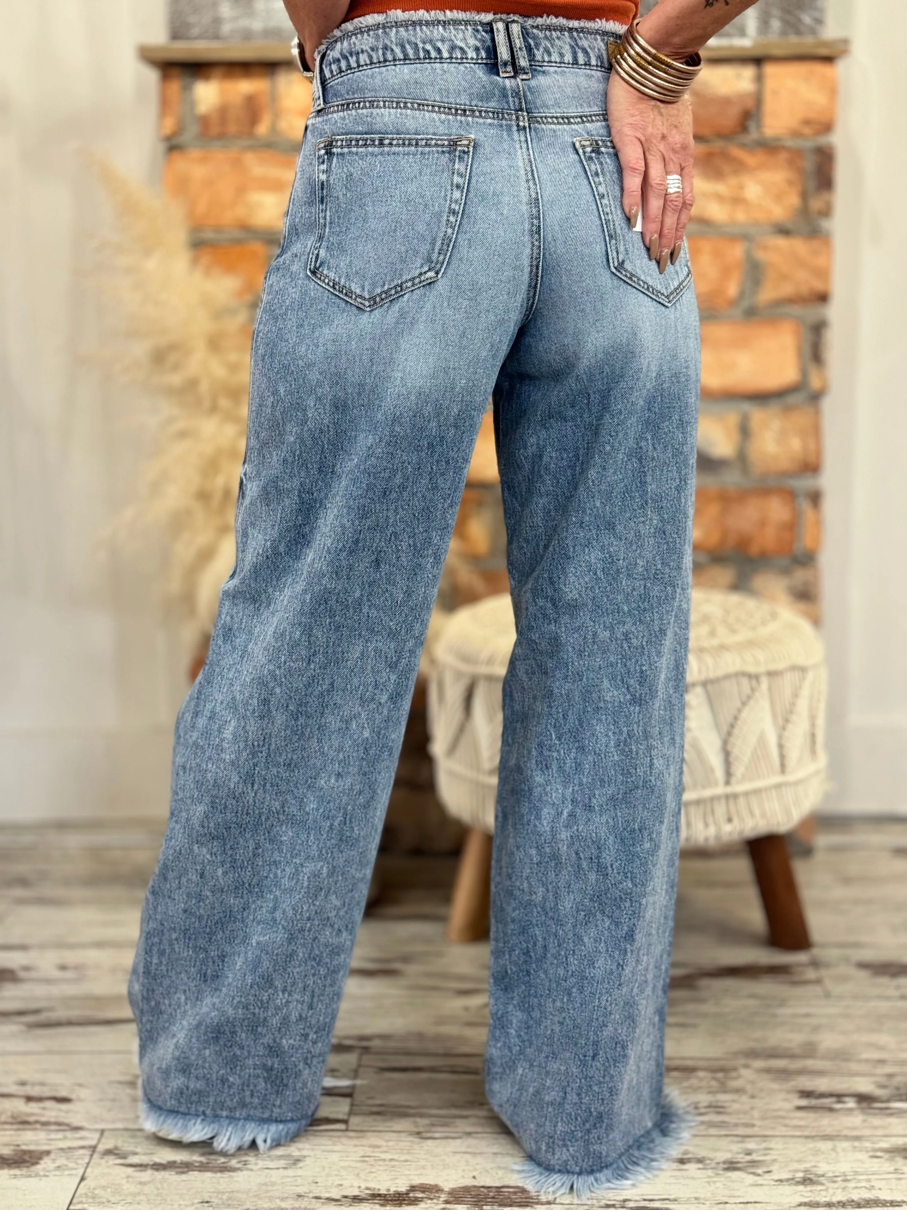 Raw Edge Distressed Wide Leg Jeans