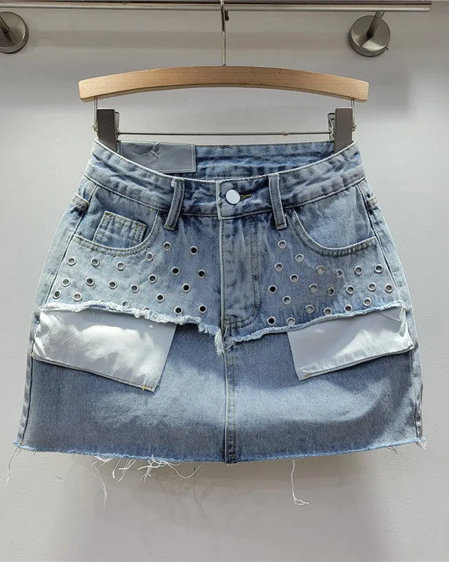 Retro Spliced Fake Two-Piece Denim Skirt