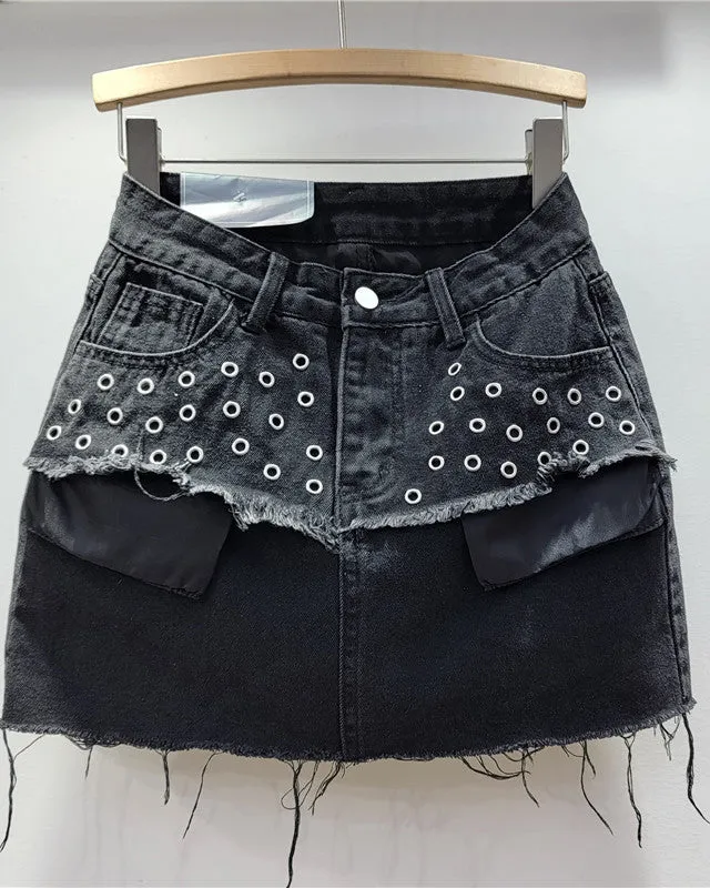 Retro Spliced Fake Two-Piece Denim Skirt