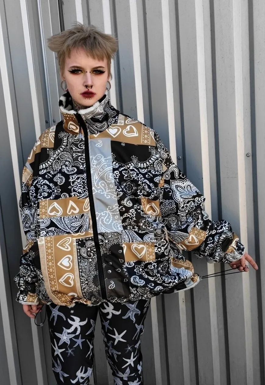 Reversible paisley fleece jacket handmade bandanna coat