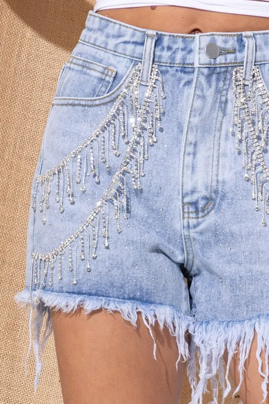 RHINESTONE FRINGE DENIM SHORTS