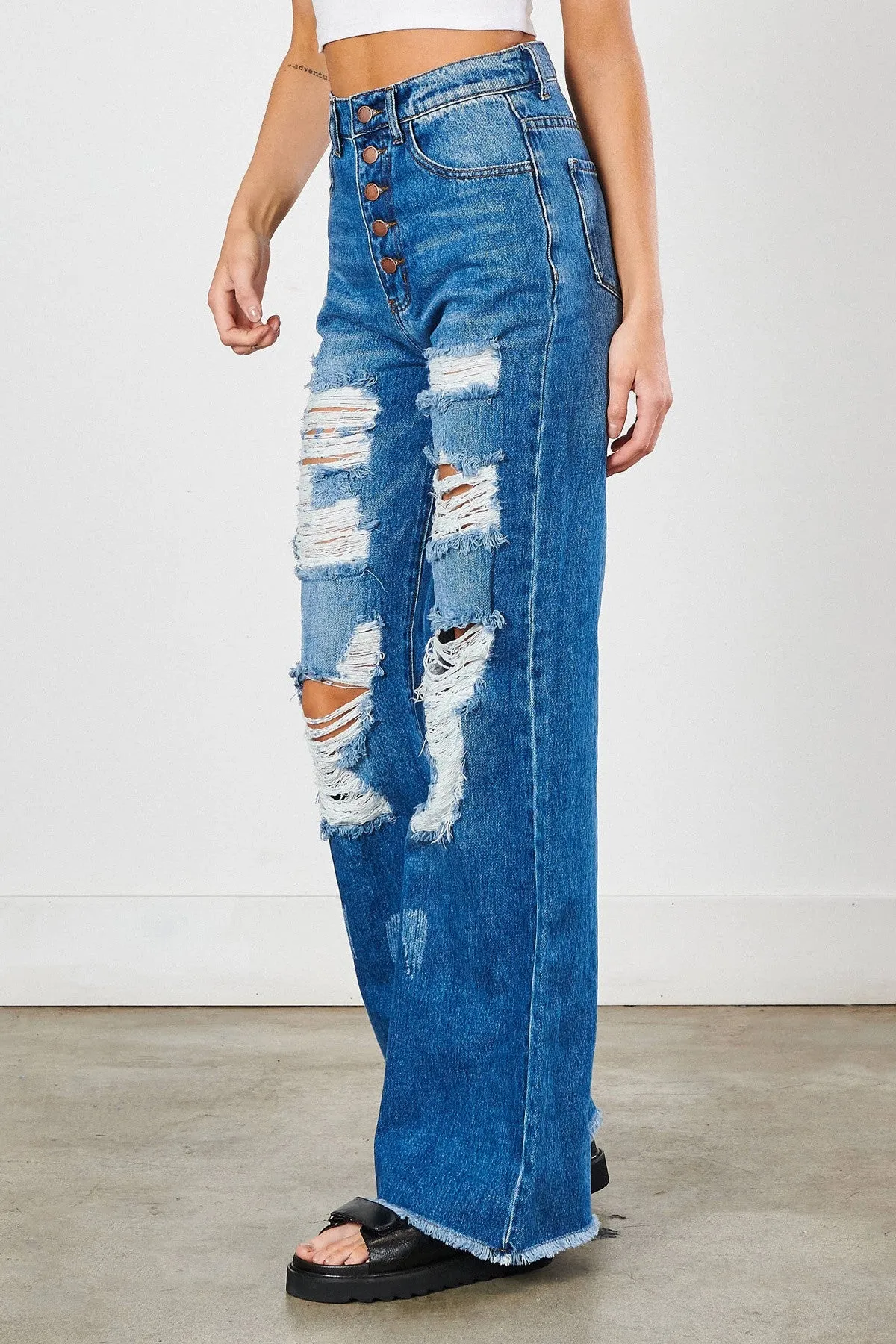 Ripped Hem Buttons Wide Leg Jeans