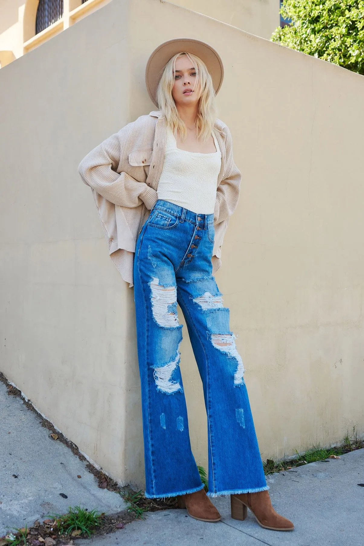 Ripped Hem Buttons Wide Leg Jeans