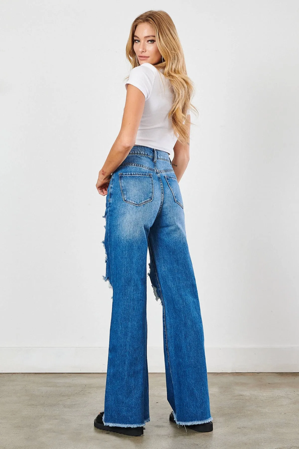 Ripped Hem Buttons Wide Leg Jeans