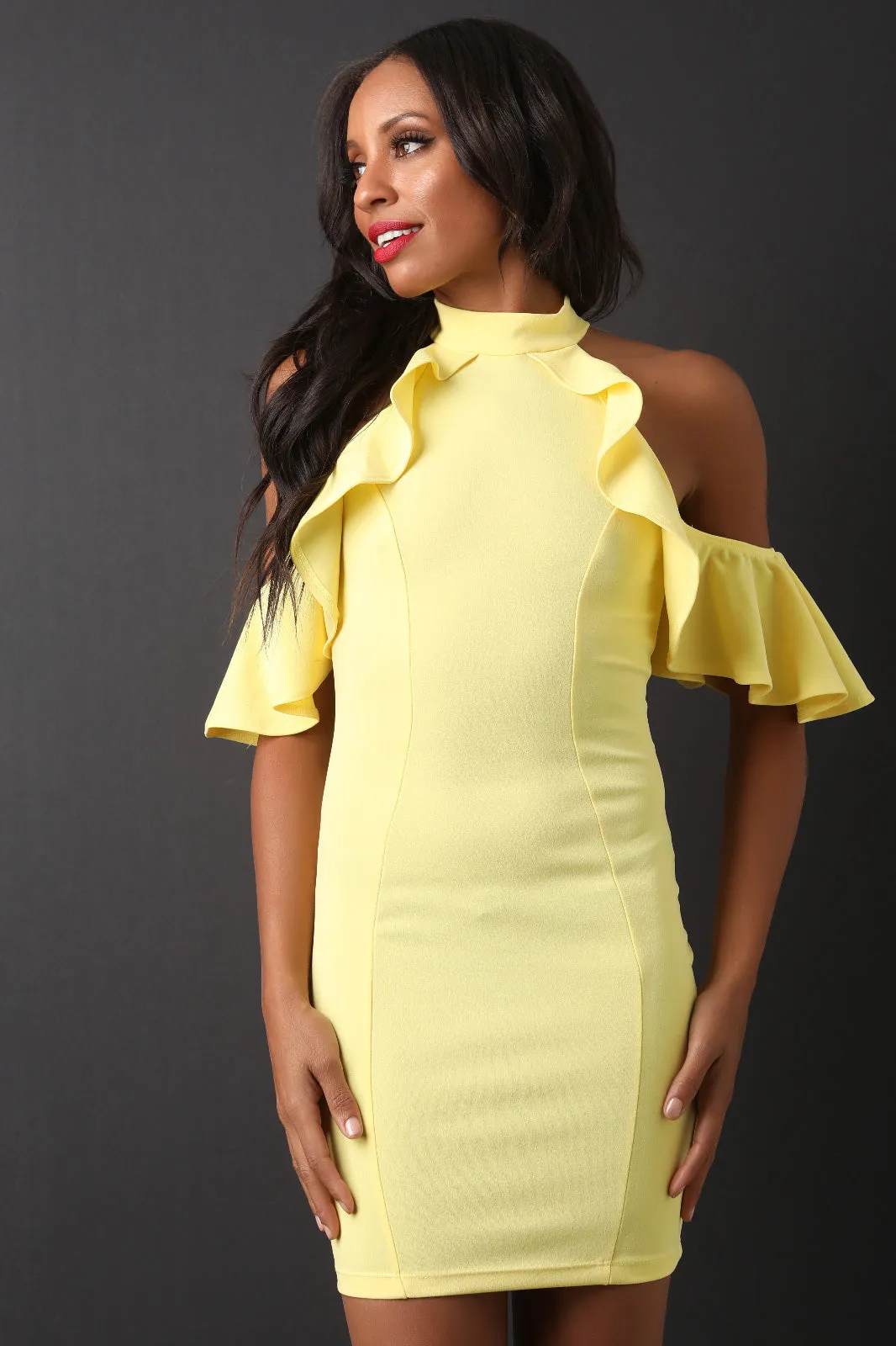 Ruffle Cold Shoulder Bodycon Dress