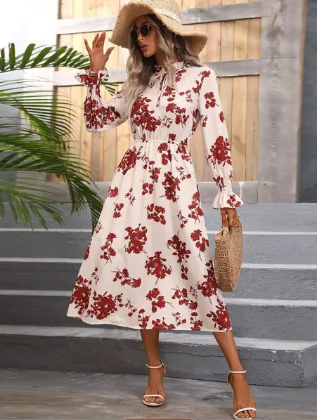 TastyHottie - Fashion Drawstring Cold Shoulder Floral Dress