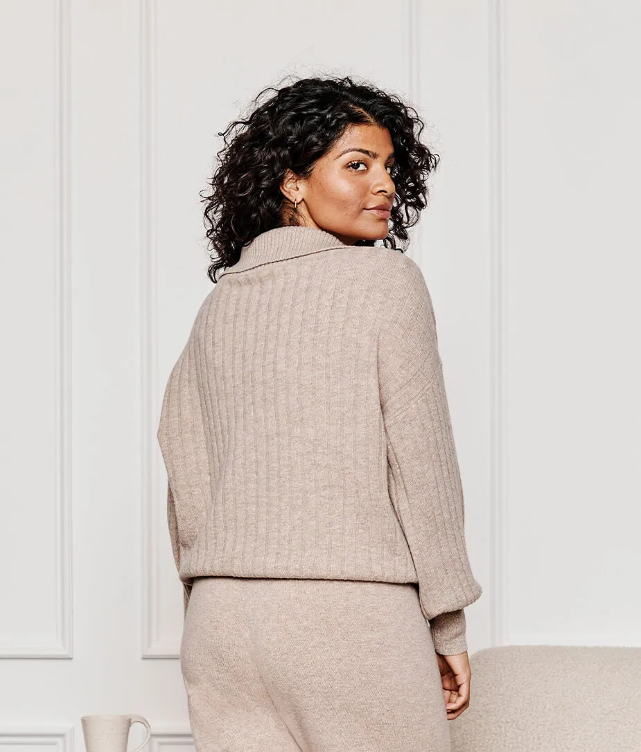 The Coziest Cashmere Blend Ribbed Half-Button Sweater - Toffee