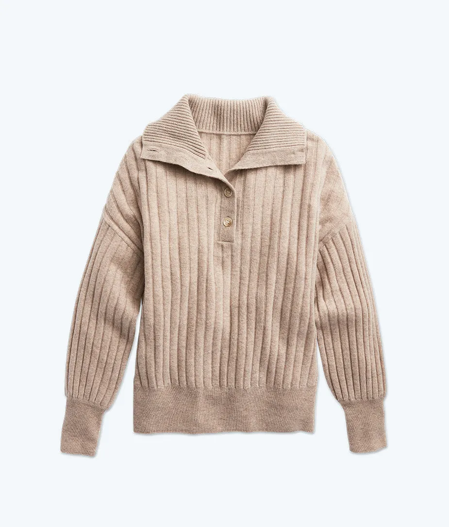 The Coziest Cashmere Blend Ribbed Half-Button Sweater - Toffee