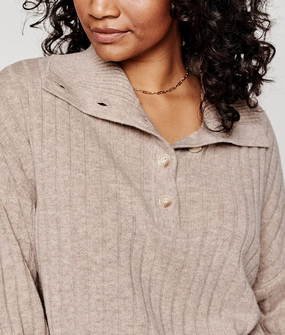 The Coziest Cashmere Blend Ribbed Half-Button Sweater - Toffee