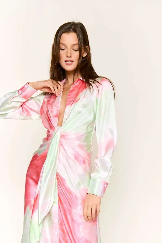 Tie Dye Button Down Waist Tie Satin Midi Dress LIME CORAL COMBO