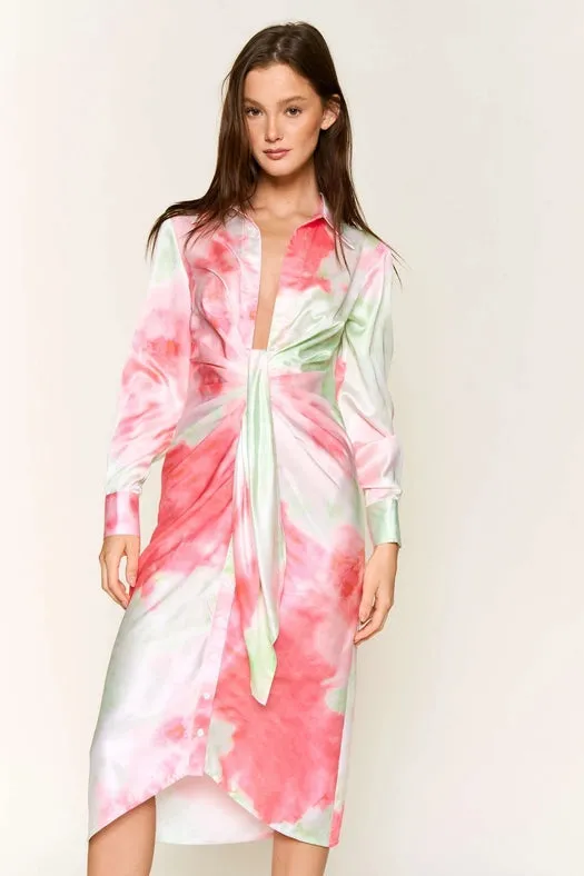 Tie Dye Button Down Waist Tie Satin Midi Dress LIME CORAL COMBO