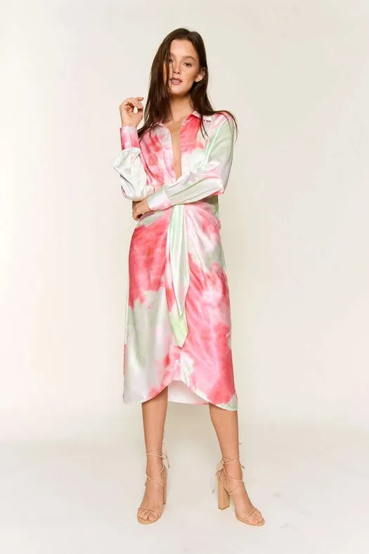 Tie Dye Button Down Waist Tie Satin Midi Dress LIME CORAL COMBO