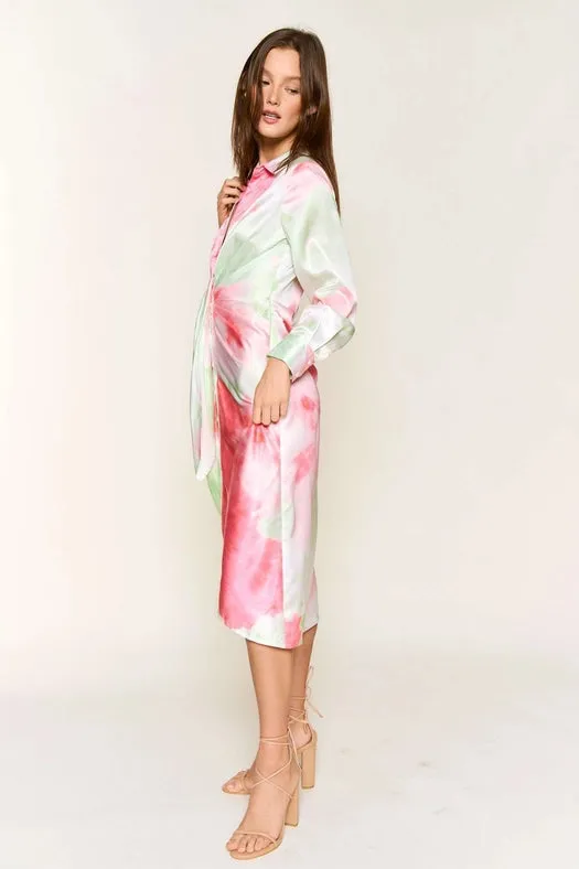 Tie Dye Button Down Waist Tie Satin Midi Dress LIME CORAL COMBO