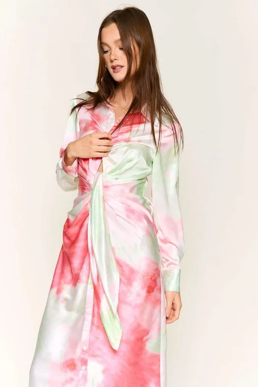 Tie Dye Button Down Waist Tie Satin Midi Dress LIME CORAL COMBO