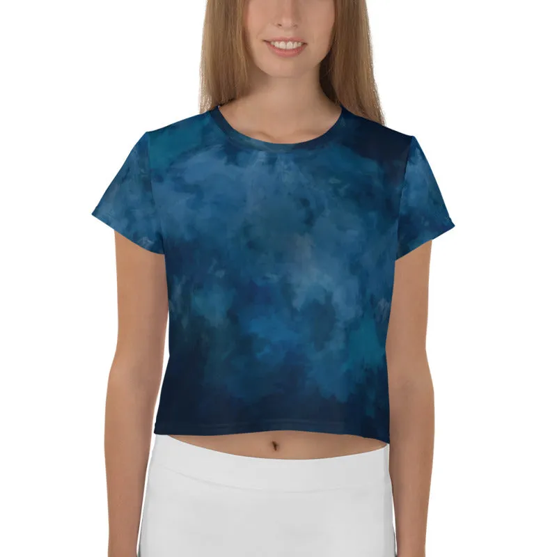 Tie Dye Crop Tee, Blue Abstract Cropped Short T-Shirt Outfit-Made in EU (US Size: XS-3XL)