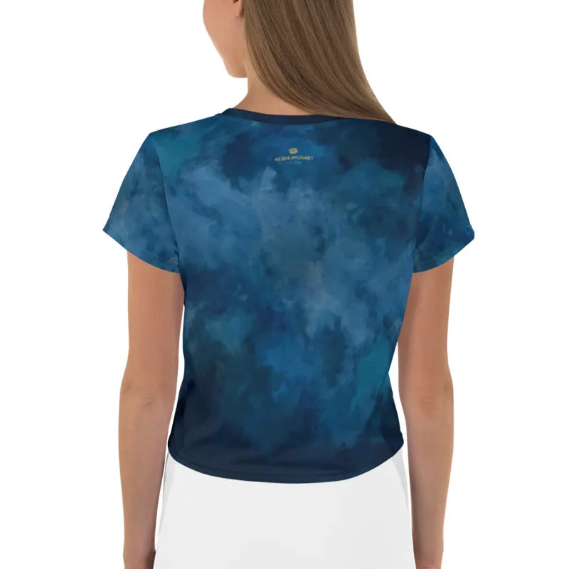 Tie Dye Crop Tee, Blue Abstract Cropped Short T-Shirt Outfit-Made in EU (US Size: XS-3XL)