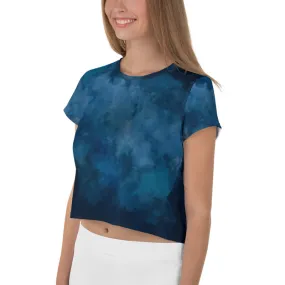 Tie Dye Crop Tee, Blue Abstract Cropped Short T-Shirt Outfit-Made in EU (US Size: XS-3XL)