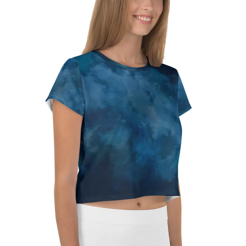 Tie Dye Crop Tee, Blue Abstract Cropped Short T-Shirt Outfit-Made in EU (US Size: XS-3XL)