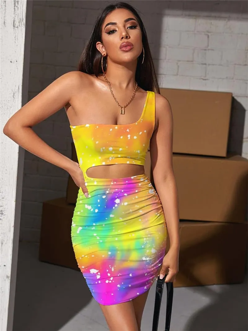 Tie Dye Dress Women Colorful Halter Sleeveless Gradient 3d Print Harajuku Hollow out Dresses