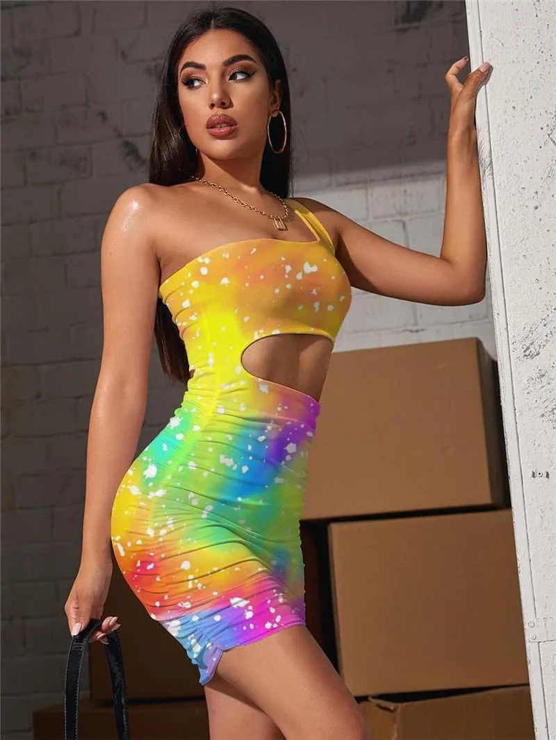 Tie Dye Dress Women Colorful Halter Sleeveless Gradient 3d Print Harajuku Hollow out Dresses