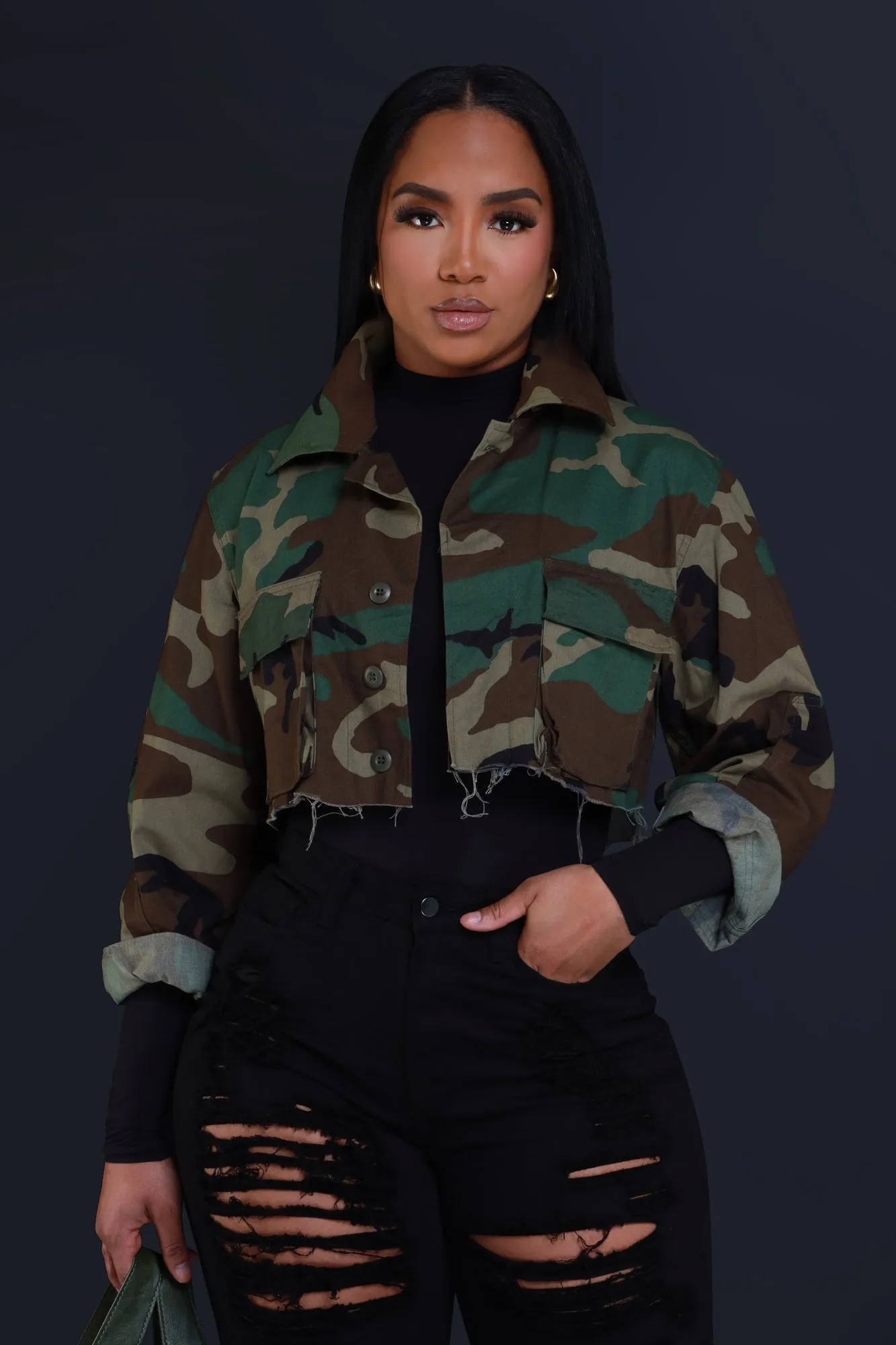 Vintage Camouflage Cropped Jacket - Olive