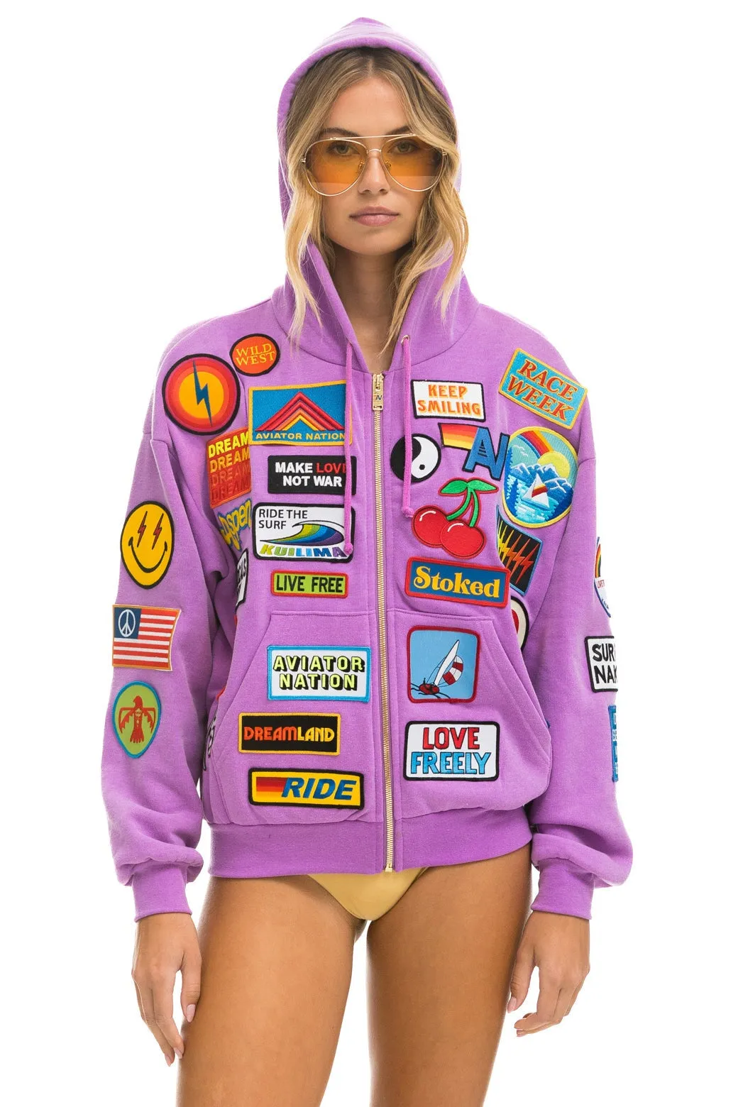 VINTAGE PATCH ZIP HOODIE RELAXED - NEON PURPLE