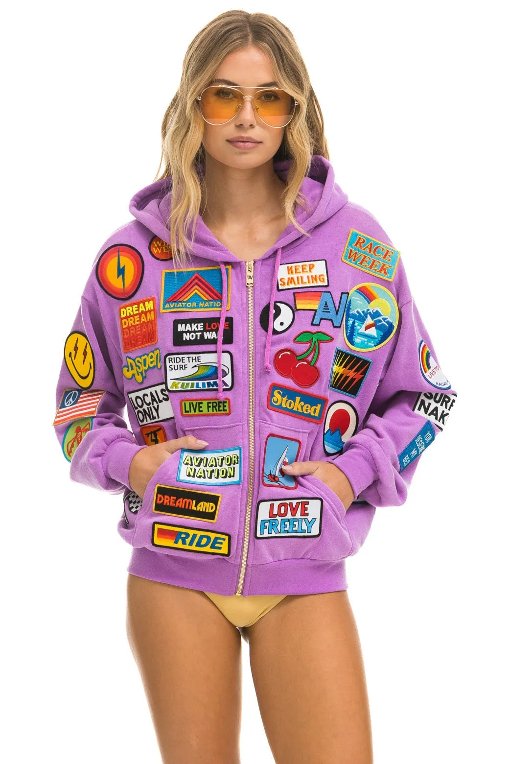 VINTAGE PATCH ZIP HOODIE RELAXED - NEON PURPLE