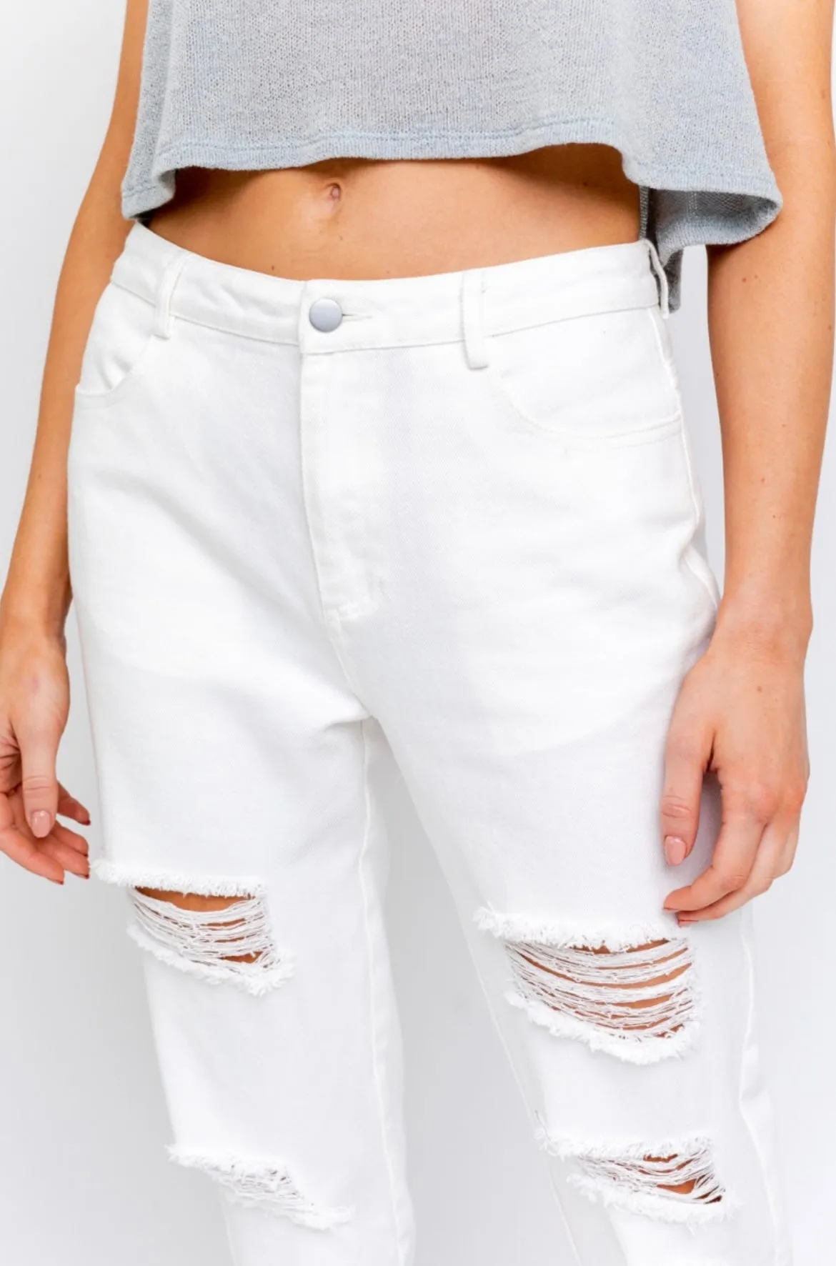 White Boyfriend Style Distressed Knees Cutoff Jeans