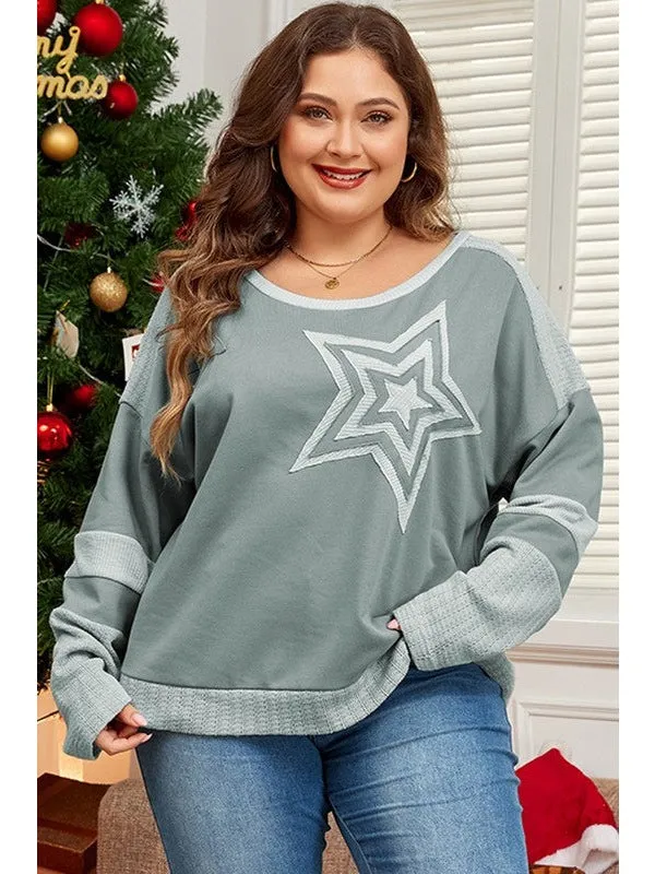 Women Stars Patchwork Round Neck Plus Size T Shirt