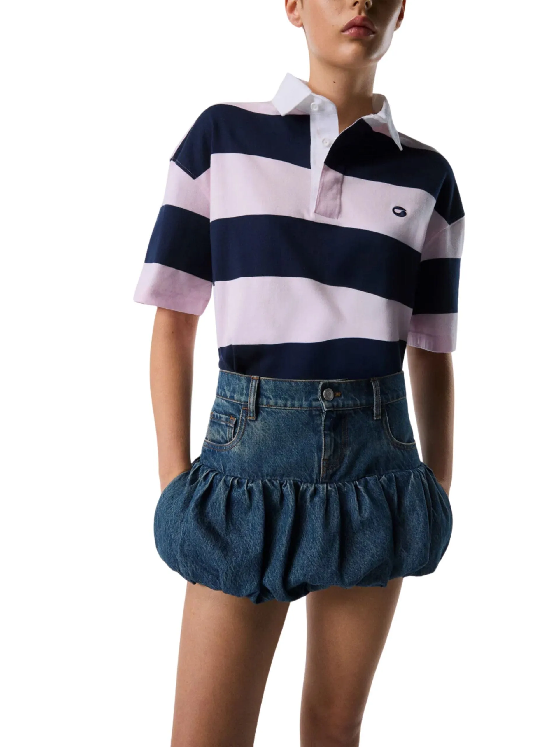 Woven Gathered Hem Denim Mini Skirt / Blue